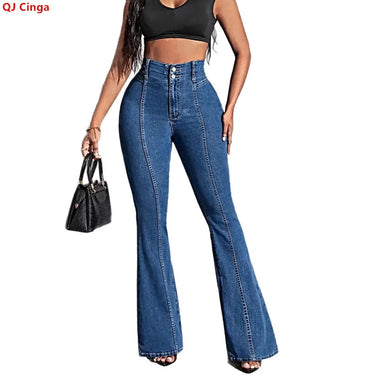 High-waisted Women's Blue Jeans, Patchwork-detailed Denim Flared Pants, Perfect for Spring and Fall.
