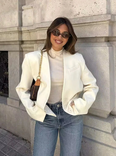 Vintage Women White Casual Blazer Jackets 2025 Fashion Ladies Elegant V Neck Suits for Female Chic Clothes Outfits Cute Tops