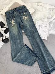 Casual High Waist Bell Bottom Jeans Women's Fashionable Embroidered Wide Leg Pants Retro Slimming American Style Thick Denim