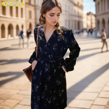 Chic Korean Clothes Design Feminine Vestidos Hot Sales Womens Elegant Lady Floral Printed Retro Vintage Long Maxi Dress