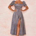 Skinny floral prints Dresses for Summer Women's Dress Square Neck Short Bubble Sleeves High Waist Lace-up Maxi Split Dress