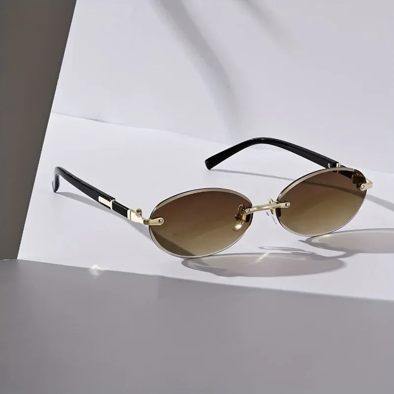Vintage-Inspired Oval Frameless Fashion Glasses for Men Women Metal Frame Tone Accents Multiple Sunglasses Colors Available