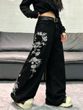 High Waist Baggy Wide‑Leg Jeans American Style Pure Black Denim With Side Floral Embroidery Slim Versatile Daily Trousers