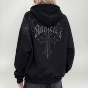 Oversized Full Zip Hoodie Rhinestone Cross Spider Web Gothic Streetwear For Men Women