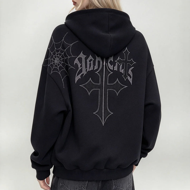 Oversized Full Zip Hoodie Rhinestone Cross Spider Web Gothic Streetwear For Men Women