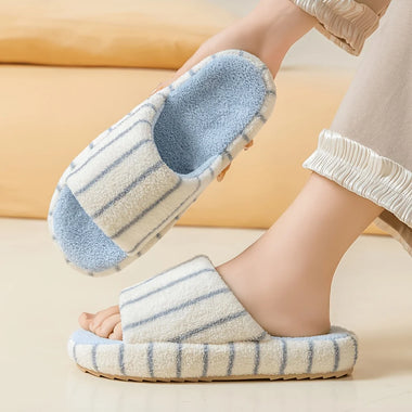 ZUOFU Unisex Striped Solid Color Warm Plush Slippers, Four Seasons Flat Soft Sole Quiet Wide Fit Casual Indoor Home Shoes