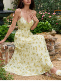 NewAsia Women's Summer Floral Maxi Dress Spaghetti Strap Backless Bow Back A Line Built in Bra Cups Boho Chic for Beach Holiday
