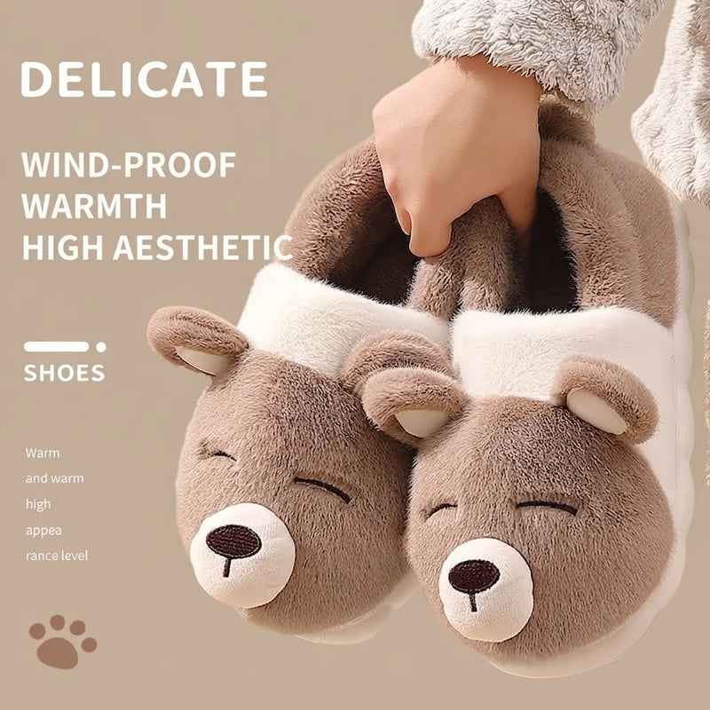 Cute Bear Winter Warm House Slippers Women Men Thick Platform Soft Plush Lined Non-Slip Indoor Outdoor Casual Home Shoes