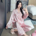 Women Silk Satin Pajamas Long Sleeve Button Collar Sleepwear Pink Butterfly Print Silky Loungewear Two Piece Pj Set Pants Pijama