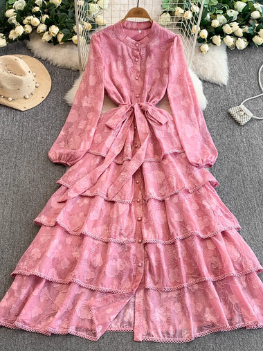 French Resort Style Heavy Work Embroidered Lace Crew Neck Dress Women Autumn Waist Slim Elegant Tiered Cake Maxi Dress
