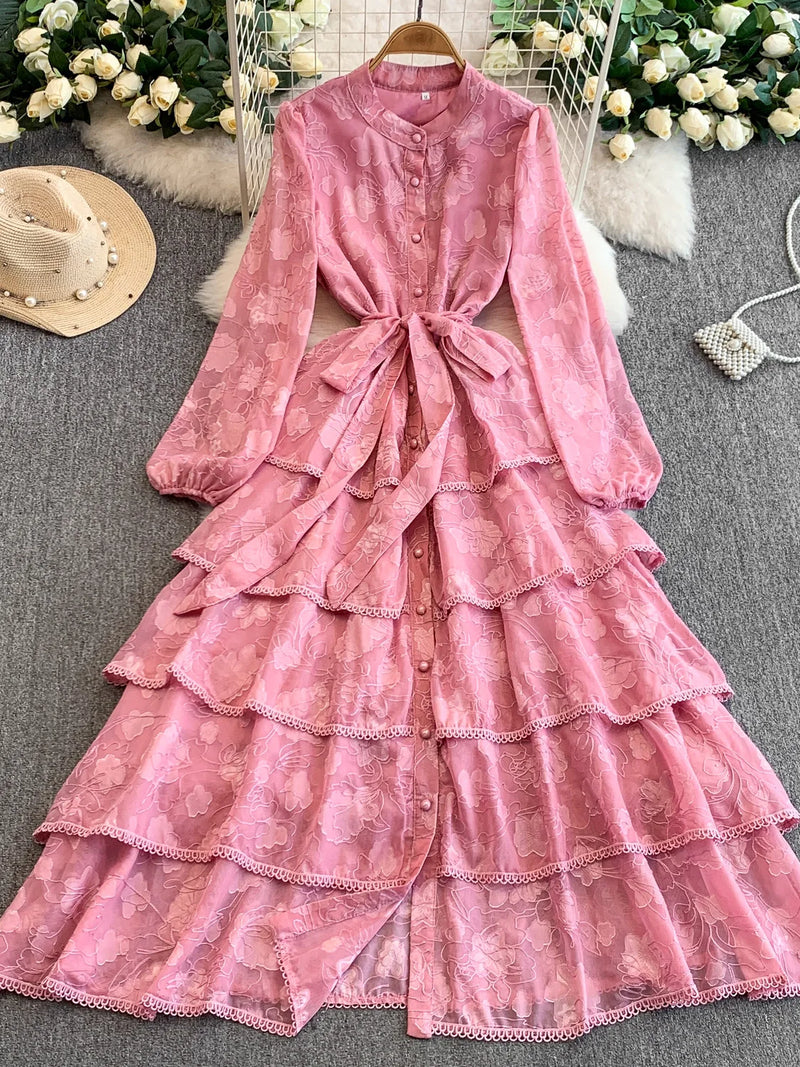 French Resort Style Heavy Work Embroidered Lace Crew Neck Dress Women Autumn Waist Slim Elegant Tiered Cake Maxi Dress
