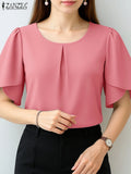 ZANZEA Women Summer OL Work Blouse Elegant Office Shirt Stylish Solid O Neck Tunic Short Petal Sleeve Tops Holiday Blusas Femme