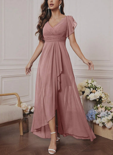 Chiffon Dress with V-Neck, Lotus Leaf Sleeves, High Waist, Pleated, Flowing Skirt, Bridesmaid Dress, French-Style Long Evening Gown