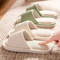 Women Slip-Resistant Linen Slippers Spring Summer Breathable House Shoes for Indoor Use, Non-Slip Stripe Design with Open Toe