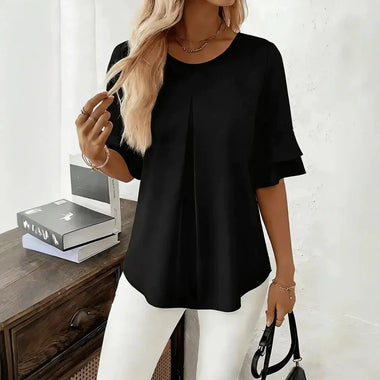 Women Round Neck Double Ruffle Half Sleeve Blouse Solid Front Pleat Loose Flowy Chiffon Tunic Top Office Casual Shirt
