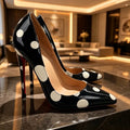 Black and White Polka Dot Pointed High Heels, Women's Patent Leather Fine Order Shoes, sexy French Style Commuting Women's Shoes