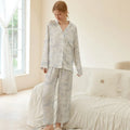 2025 Satin Cardigan Loungewear Dream Blue Elegant Printing Long-sleeved Pajamas Cotton Silk Long Pants Sleepwear 2 Piece Sets
