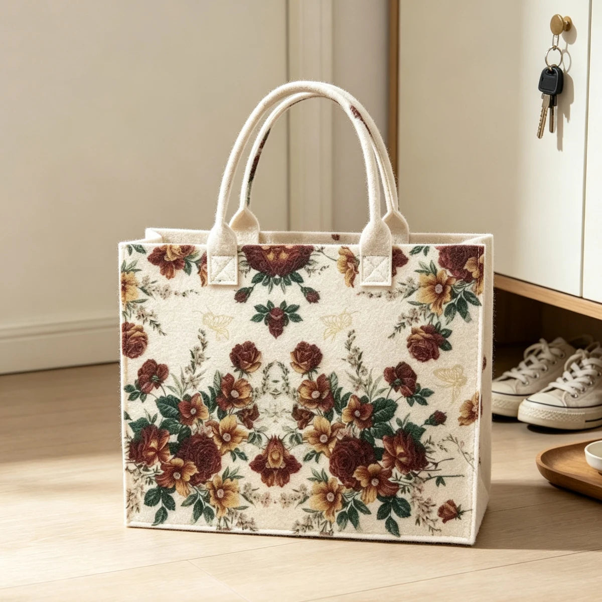 Vintage Floral Felt Tote Bag, Retro Flower Butterfly Print Shoulder Handbag, Large Capacity Reusable Shopping Bag for Women