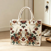 Vintage Floral Felt Tote Bag, Retro Flower Butterfly Print Shoulder Handbag, Large Capacity Reusable Shopping Bag for Women