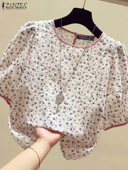 ZANZEA Women Basic Blouse Summer Sweety Lantern Short Sleeve Tunics 2024 Bohemian Floral Printed Shirt Casual Loose Simple Tops