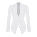 Women Solid Color Blazer V Neck Suits Coats Padded Shoulders Belted Waist Button-down Pointed Hem Jacket Office Lady Outerwear