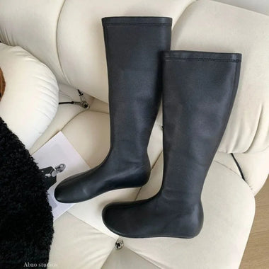 Women Faux Leather Slouch Knee‑High Boots, Round Toe Ruched Shaft Pull‑On Flat Tall Boots