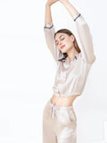 19MM 100% Mulberry Silk Pointed Collar Long-sleeved Trousers Two-piece Pajamas Set Button Down Cardigan Nightwear Pajama Outwear