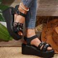 Women Peep Toe Black Wedge Sandals Lady Summer Casual Outwear Platform Sandals Chain Buckle Punk Lolita Shoes Sandale Femme