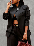 Women Blazers Yeezzi Women Black Stand Collar Asymmetrical Wrap Blazers Pin Button Long Sleeves Slim Fit Formal Office Party Outerwear Jacket