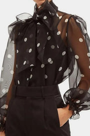 Women's Polka Dot Blouse Bow Neck Puff Sleeve Sheer Mesh See Through Vintage Office Lady Autumn Tops Elegant Shirt