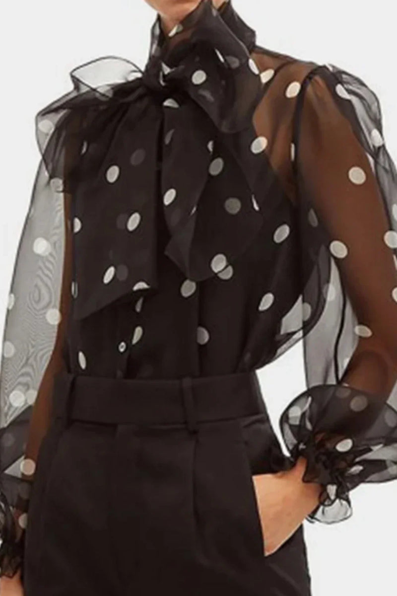 Women's Polka Dot Blouse Bow Neck Puff Sleeve Sheer Mesh See Through Vintage Office Lady Autumn Tops Elegant Shirt