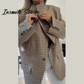 Vintage Stripe Plaid Blazer Women Stand Collar One Button Pocket Suit Jacket 2026 Spring Lady New Fashion Commute Street Outwear