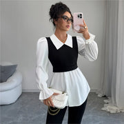 Women Blouse Korean Style False Two-piece Polo Collar Blouses Y2k Top Streetwear Youth Pullovers Shirt Fake Two-Piece Shirt Vest