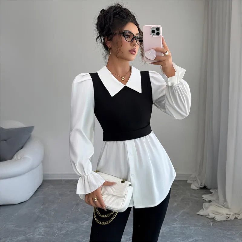 Women Blouse Korean Style False Two-piece Polo Collar Blouses Y2k Top Streetwear Youth Pullovers Shirt Fake Two-Piece Shirt Vest