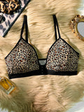 S-XL Women's Sexy Plunge Leopard Print Push Up Bra Wireless Unlined Comfortable Lingerie