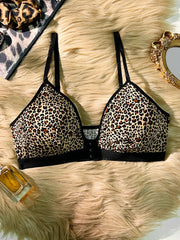 S-XL Women's Sexy Plunge Leopard Print Push Up Bra Wireless Unlined Comfortable Lingerie