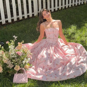 French Style Ditsy Floral Print Spaghetti Strap Maxi Dress Cinched Waist Pleated Patchwork Slim Dresses Casual Vacation Date
