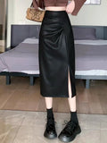 Women's Pleated Slit Midi Skirt 2026 High Waist PU Leather Bodycon Pencil Skirt Elegant Chic Sheath Skirt for Office Daily Wear