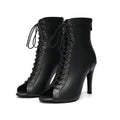 HROYL High Heel Dance Shoes Woman Beige Black Latin Dance Booties Women Open Toe Lace Up Stiletto Boots for Girls Suede Sole