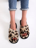 Women Cross Band Leopard Print Slippers Indoor Home Furry Slides Adults Fuzzy Open Toe Soft Sole Non Slip Warm Sandals