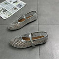 Luxury Crystal Rhinestone Fishnet Ballet Flats Woman Brand Design Rivet Mesh Mary Jane Shoes Ladies Summer Loafers Plus Size 42