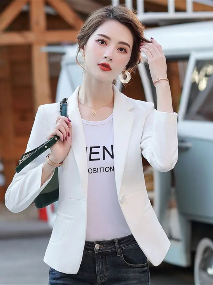 Women Blazer 2023 Formal Blazers Lady Office Single Button Pockets Jackets Coat Slim Black Women Blazer Femme Jackets ZY6883