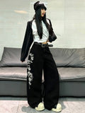 High Waist Baggy Wide‑Leg Jeans American Style Pure Black Denim With Side Floral Embroidery Slim Versatile Daily Trousers
