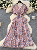 French Floral Printed Dress Women Sexy Cross V-neck Short Sleeved Vintage Long Dresses Ladies Ruffled Beach Long Robe Vestidos