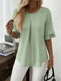 Women Round Neck Double Ruffle Half Sleeve Blouse Solid Front Pleat Loose Flowy Chiffon Tunic Top Office Casual Shirt