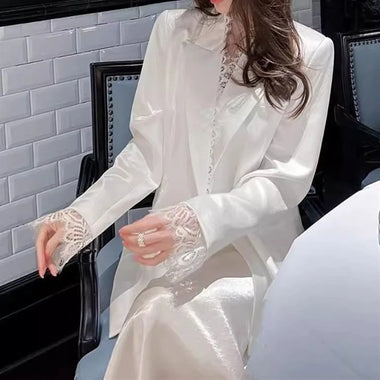 2026 autumn high-end sense, great-looking celebrity, white satin lace splicing suit, skirt suit, women blazer