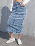 Womens High Waist Denim Midi Skirt Light Blue Washed Stretch Jean Skirt with Back Slit Casual Straight Long Skirts for Wome