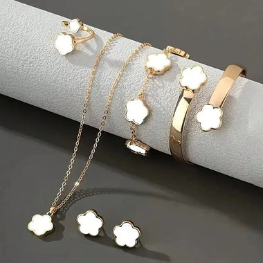 1 Pair of Earrings + 1 Necklace + 1 Bracelet + 1 Bracelet + 1 Bracelet + 1 Ring, Stainless Steel Jewelry Set with Floral Design, Fashionable for Women
