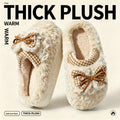 Kawaii Winter Warm Cotton Slippers Women Plaid Bowknot Lace Ruffle Plush Thick Platform Non-Slip Indoor Casual Shoes