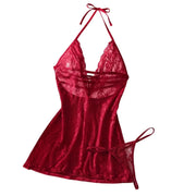 Sexy Lace Bra And Panty Set For Women, Halter Deep V Sheer Mesh Chemise, Bow Lingerie Sleepwear